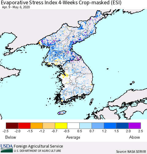 Korea Evaporative Stress Index (ESI), 4-Weeks over Croplands Thematic Map For 5/4/2020 - 5/10/2020