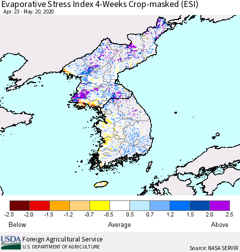 Korea Evaporative Stress Index (ESI), 4-Weeks over Croplands Thematic Map For 5/18/2020 - 5/24/2020