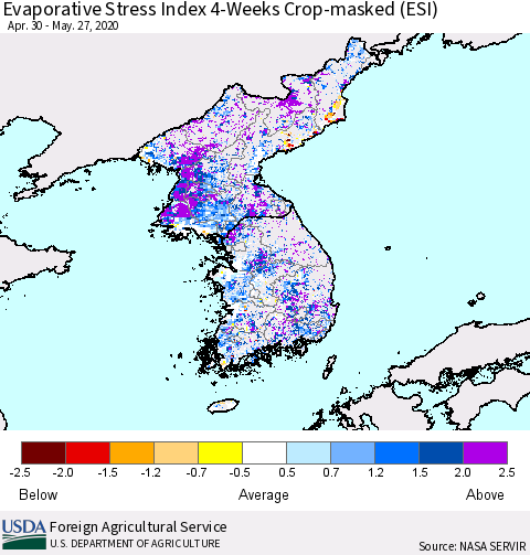 Korea Evaporative Stress Index (ESI), 4-Weeks over Croplands Thematic Map For 5/25/2020 - 5/31/2020