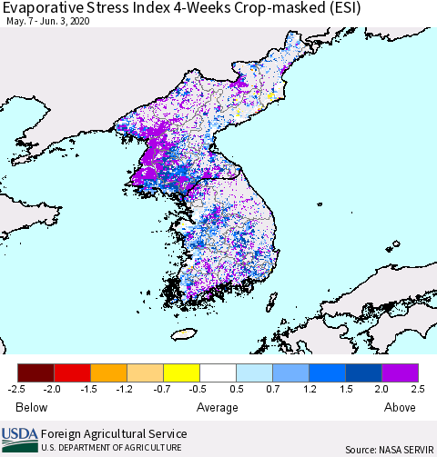 Korea Evaporative Stress Index (ESI), 4-Weeks over Croplands Thematic Map For 6/1/2020 - 6/7/2020