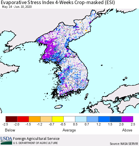 Korea Evaporative Stress Index (ESI), 4-Weeks over Croplands Thematic Map For 6/8/2020 - 6/14/2020