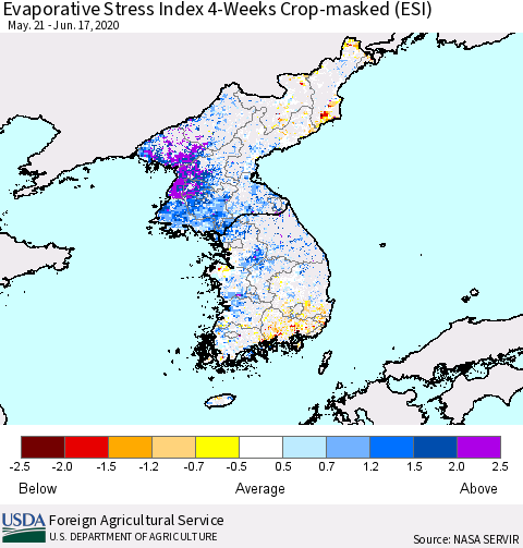 Korea Evaporative Stress Index (ESI), 4-Weeks over Croplands Thematic Map For 6/15/2020 - 6/21/2020