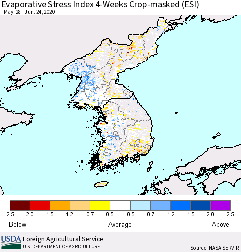 Korea Evaporative Stress Index (ESI), 4-Weeks over Croplands Thematic Map For 6/22/2020 - 6/28/2020