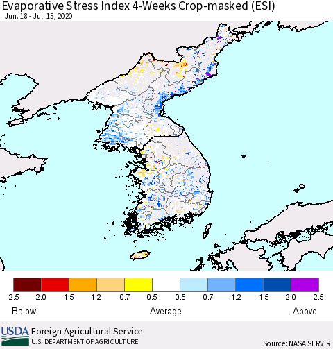 Korea Evaporative Stress Index (ESI), 4-Weeks over Croplands Thematic Map For 7/13/2020 - 7/19/2020