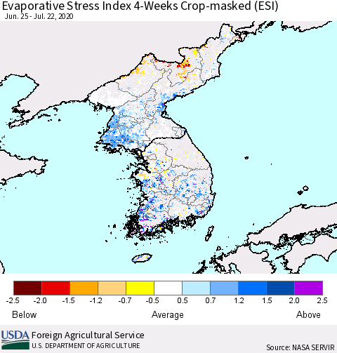 Korea Evaporative Stress Index (ESI), 4-Weeks over Croplands Thematic Map For 7/20/2020 - 7/26/2020