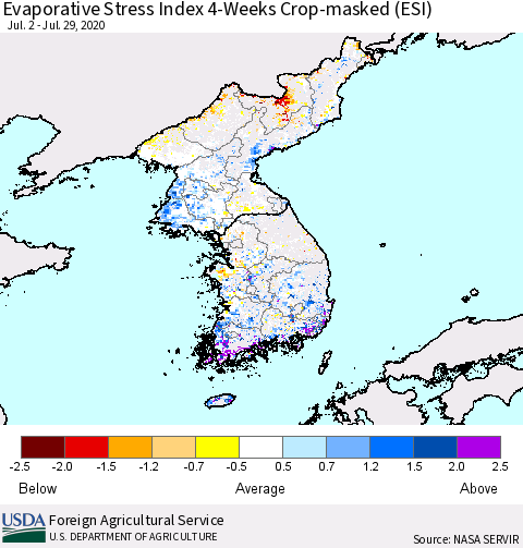 Korea Evaporative Stress Index (ESI), 4-Weeks over Croplands Thematic Map For 7/27/2020 - 8/2/2020