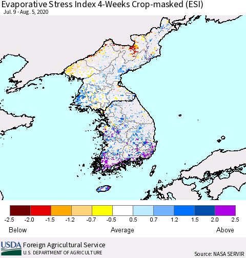 Korea Evaporative Stress Index (ESI), 4-Weeks over Croplands Thematic Map For 8/3/2020 - 8/9/2020