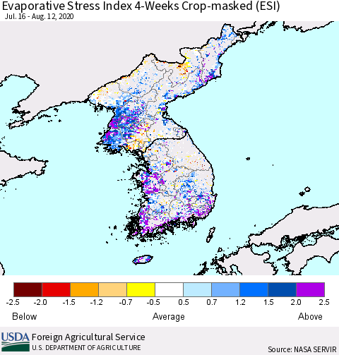 Korea Evaporative Stress Index (ESI), 4-Weeks over Croplands Thematic Map For 8/10/2020 - 8/16/2020