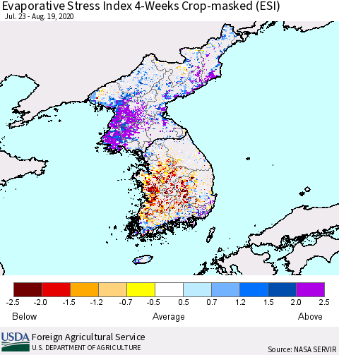Korea Evaporative Stress Index (ESI), 4-Weeks over Croplands Thematic Map For 8/17/2020 - 8/23/2020