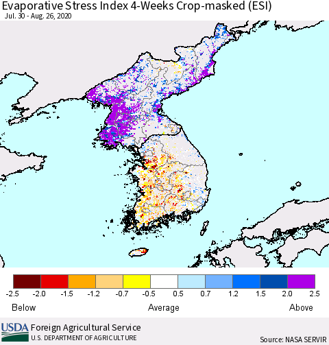 Korea Evaporative Stress Index (ESI), 4-Weeks over Croplands Thematic Map For 8/24/2020 - 8/30/2020