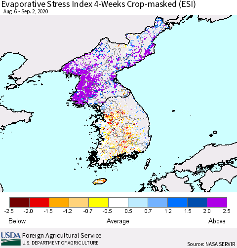 Korea Evaporative Stress Index (ESI), 4-Weeks over Croplands Thematic Map For 8/31/2020 - 9/6/2020