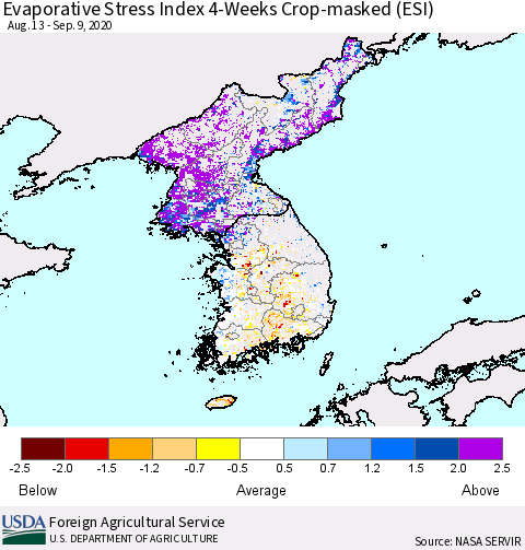 Korea Evaporative Stress Index (ESI), 4-Weeks over Croplands Thematic Map For 9/7/2020 - 9/13/2020