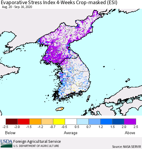 Korea Evaporative Stress Index (ESI), 4-Weeks over Croplands Thematic Map For 9/14/2020 - 9/20/2020