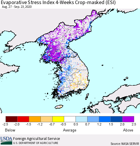 Korea Evaporative Stress Index (ESI), 4-Weeks over Croplands Thematic Map For 9/21/2020 - 9/27/2020