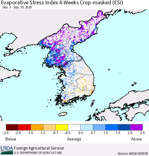 Korea Evaporative Stress Index (ESI), 4-Weeks over Croplands Thematic Map For 9/28/2020 - 10/4/2020