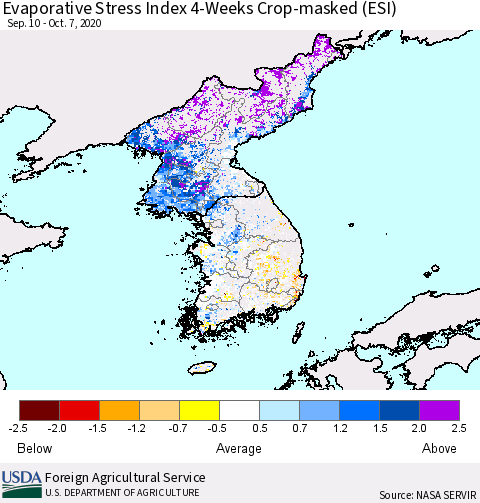 Korea Evaporative Stress Index (ESI), 4-Weeks over Croplands Thematic Map For 10/5/2020 - 10/11/2020