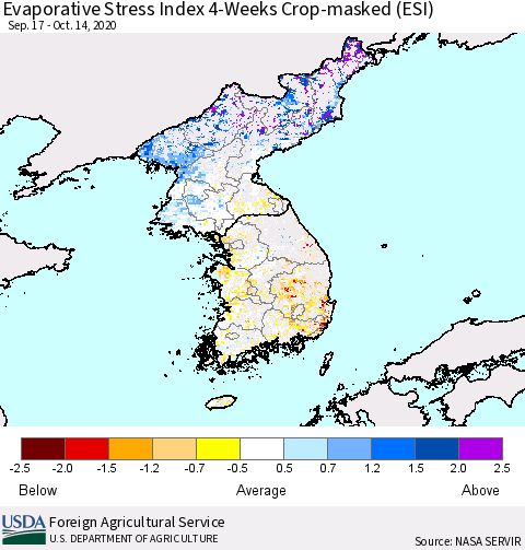 Korea Evaporative Stress Index (ESI), 4-Weeks over Croplands Thematic Map For 10/12/2020 - 10/18/2020