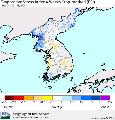Korea Evaporative Stress Index (ESI), 4-Weeks over Croplands Thematic Map For 10/19/2020 - 10/25/2020