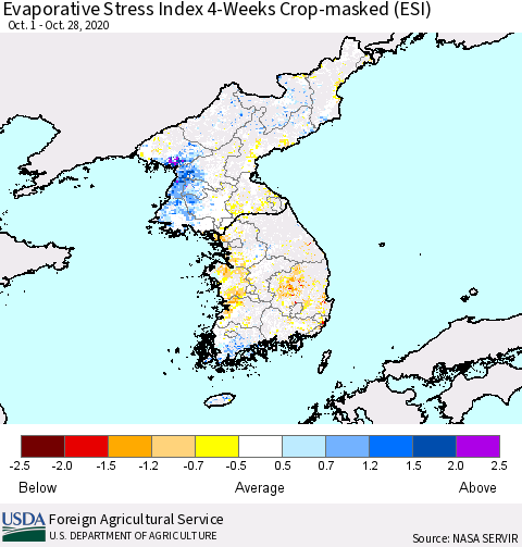 Korea Evaporative Stress Index (ESI), 4-Weeks over Croplands Thematic Map For 10/26/2020 - 11/1/2020