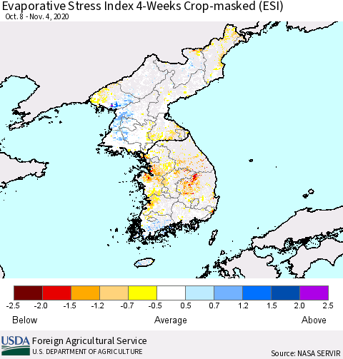 Korea Evaporative Stress Index (ESI), 4-Weeks over Croplands Thematic Map For 11/2/2020 - 11/8/2020
