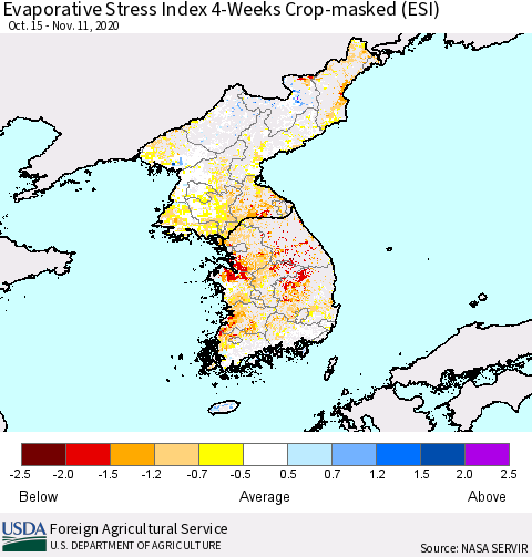 Korea Evaporative Stress Index (ESI), 4-Weeks over Croplands Thematic Map For 11/9/2020 - 11/15/2020