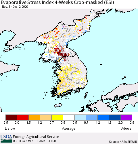 Korea Evaporative Stress Index (ESI), 4-Weeks over Croplands Thematic Map For 11/30/2020 - 12/6/2020