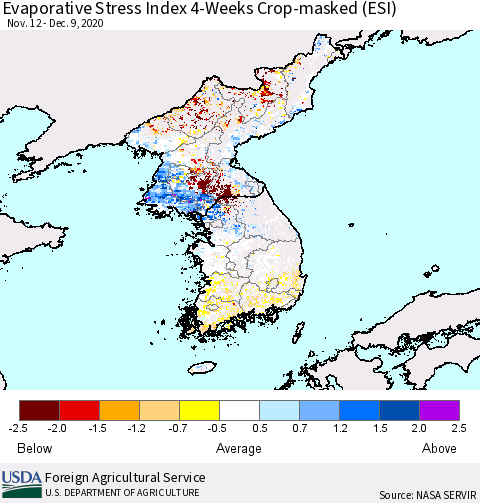 Korea Evaporative Stress Index (ESI), 4-Weeks over Croplands Thematic Map For 12/7/2020 - 12/13/2020