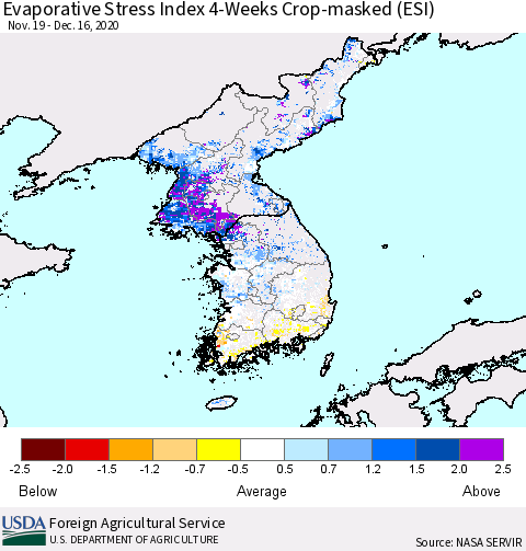 Korea Evaporative Stress Index (ESI), 4-Weeks over Croplands Thematic Map For 12/14/2020 - 12/20/2020