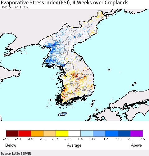 Korea Evaporative Stress Index (ESI), 4-Weeks over Croplands Thematic Map For 12/28/2020 - 1/3/2021