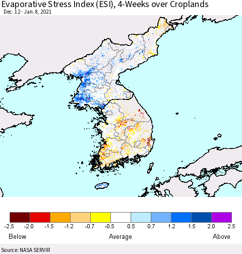 Korea Evaporative Stress Index (ESI), 4-Weeks over Croplands Thematic Map For 1/4/2021 - 1/10/2021