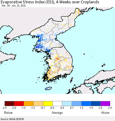 Korea Evaporative Stress Index (ESI), 4-Weeks over Croplands Thematic Map For 1/18/2021 - 1/24/2021