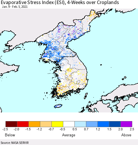 Korea Evaporative Stress Index (ESI), 4-Weeks over Croplands Thematic Map For 2/1/2021 - 2/7/2021