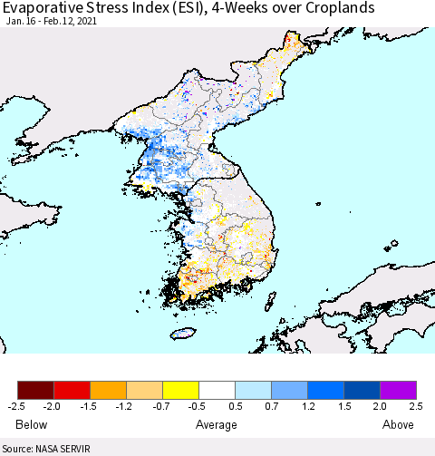 Korea Evaporative Stress Index (ESI), 4-Weeks over Croplands Thematic Map For 2/8/2021 - 2/14/2021