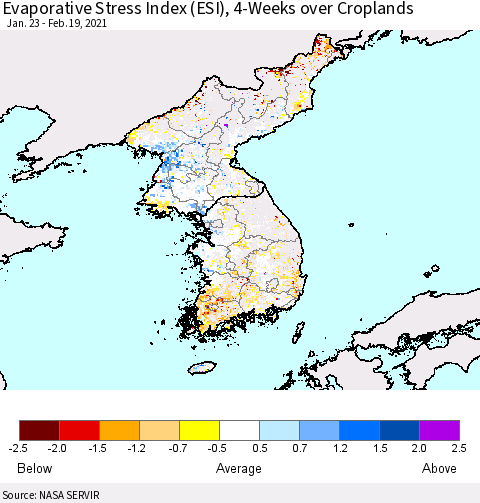 Korea Evaporative Stress Index (ESI), 4-Weeks over Croplands Thematic Map For 2/15/2021 - 2/21/2021