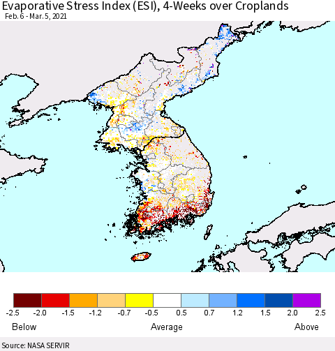 Korea Evaporative Stress Index (ESI), 4-Weeks over Croplands Thematic Map For 3/1/2021 - 3/7/2021