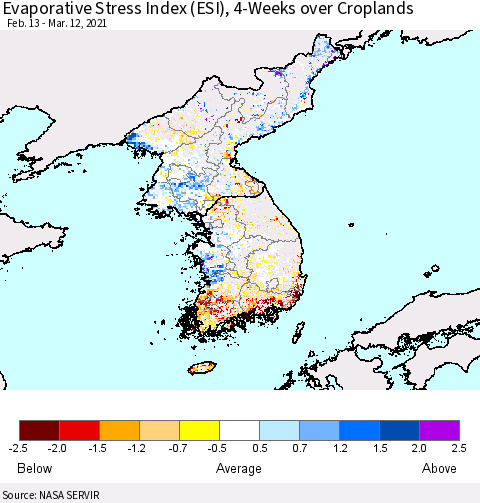 Korea Evaporative Stress Index (ESI), 4-Weeks over Croplands Thematic Map For 3/8/2021 - 3/14/2021