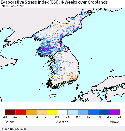 Korea Evaporative Stress Index (ESI), 4-Weeks over Croplands Thematic Map For 3/29/2021 - 4/4/2021