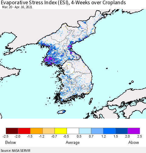 Korea Evaporative Stress Index (ESI), 4-Weeks over Croplands Thematic Map For 4/12/2021 - 4/18/2021
