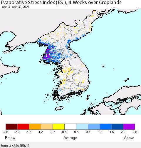 Korea Evaporative Stress Index (ESI), 4-Weeks over Croplands Thematic Map For 4/26/2021 - 5/2/2021