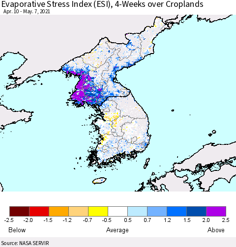Korea Evaporative Stress Index (ESI), 4-Weeks over Croplands Thematic Map For 5/3/2021 - 5/9/2021