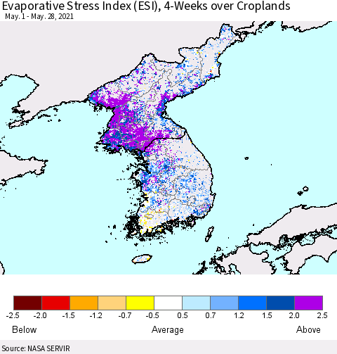 Korea Evaporative Stress Index (ESI), 4-Weeks over Croplands Thematic Map For 5/24/2021 - 5/30/2021