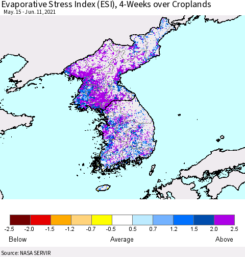 Korea Evaporative Stress Index (ESI), 4-Weeks over Croplands Thematic Map For 6/7/2021 - 6/13/2021