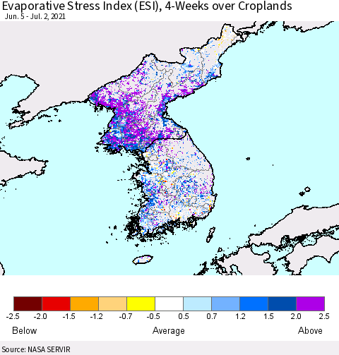 Korea Evaporative Stress Index (ESI), 4-Weeks over Croplands Thematic Map For 6/28/2021 - 7/4/2021