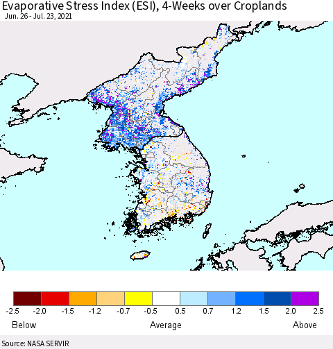 Korea Evaporative Stress Index (ESI), 4-Weeks over Croplands Thematic Map For 7/19/2021 - 7/25/2021