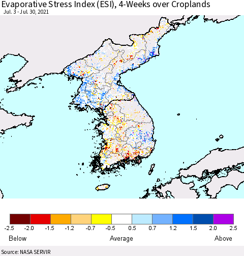 Korea Evaporative Stress Index (ESI), 4-Weeks over Croplands Thematic Map For 7/26/2021 - 8/1/2021