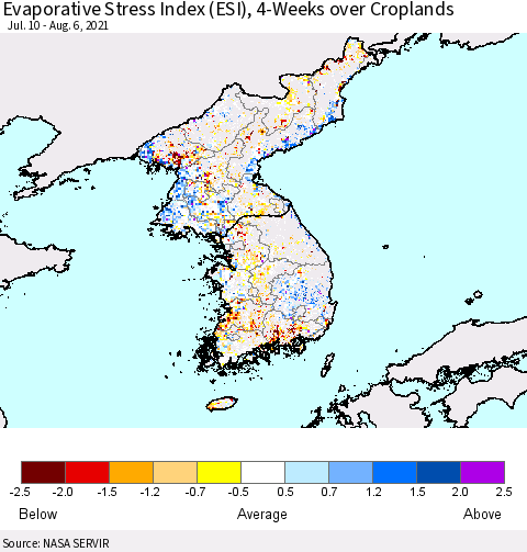 Korea Evaporative Stress Index (ESI), 4-Weeks over Croplands Thematic Map For 8/2/2021 - 8/8/2021
