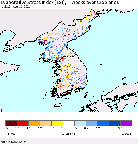 Korea Evaporative Stress Index (ESI), 4-Weeks over Croplands Thematic Map For 8/9/2021 - 8/15/2021