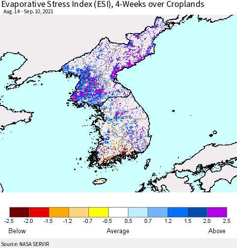 Korea Evaporative Stress Index (ESI), 4-Weeks over Croplands Thematic Map For 9/6/2021 - 9/12/2021