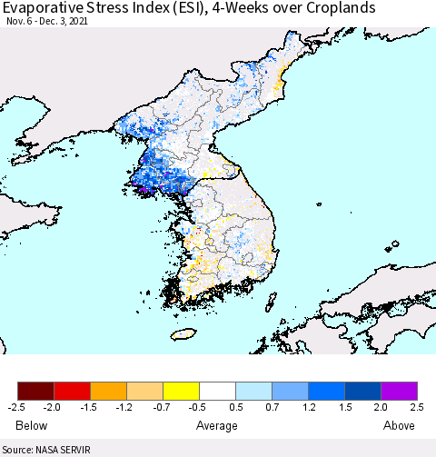 Korea Evaporative Stress Index (ESI), 4-Weeks over Croplands Thematic Map For 11/29/2021 - 12/5/2021