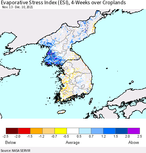 Korea Evaporative Stress Index (ESI), 4-Weeks over Croplands Thematic Map For 12/6/2021 - 12/12/2021